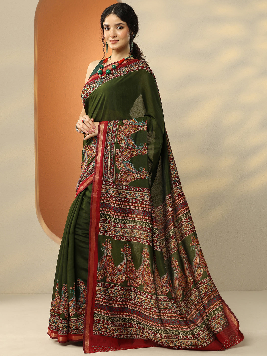  Green Paisley Printed Silk Blend Saree With Unstitched Blouse Piece 