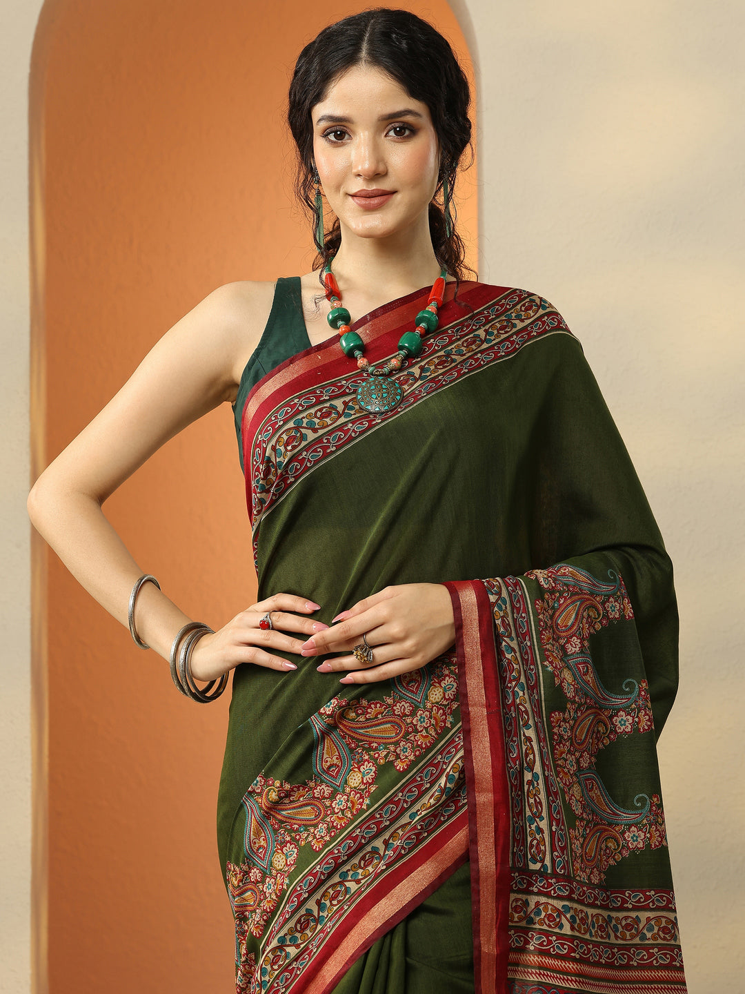  Green Paisley Printed Silk Blend Saree With Unstitched Blouse Piece 
