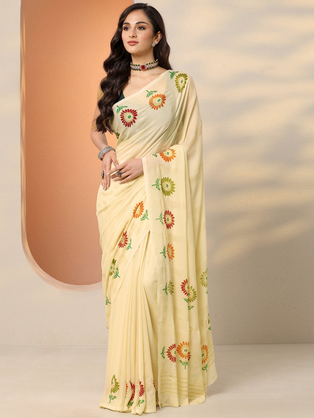  Beige Printed Georgette Saree With Unstitched Blouse Piece 