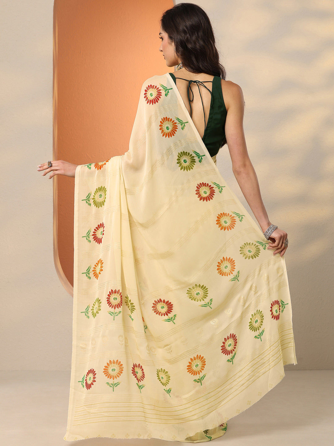  Beige Printed Georgette Saree With Unstitched Blouse Piece 