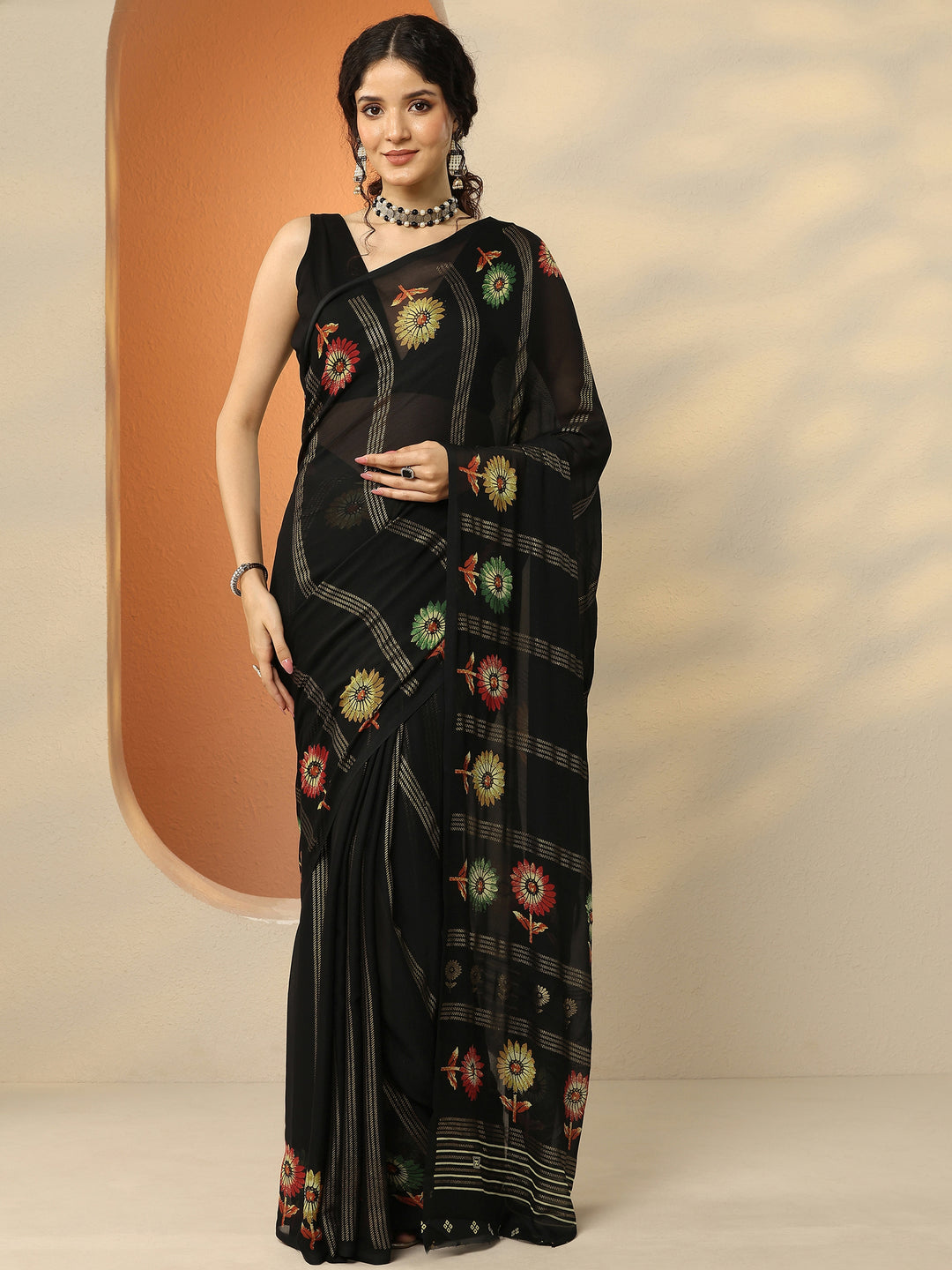  Black Printed Georgette Saree With Unstitched Blouse Piece 