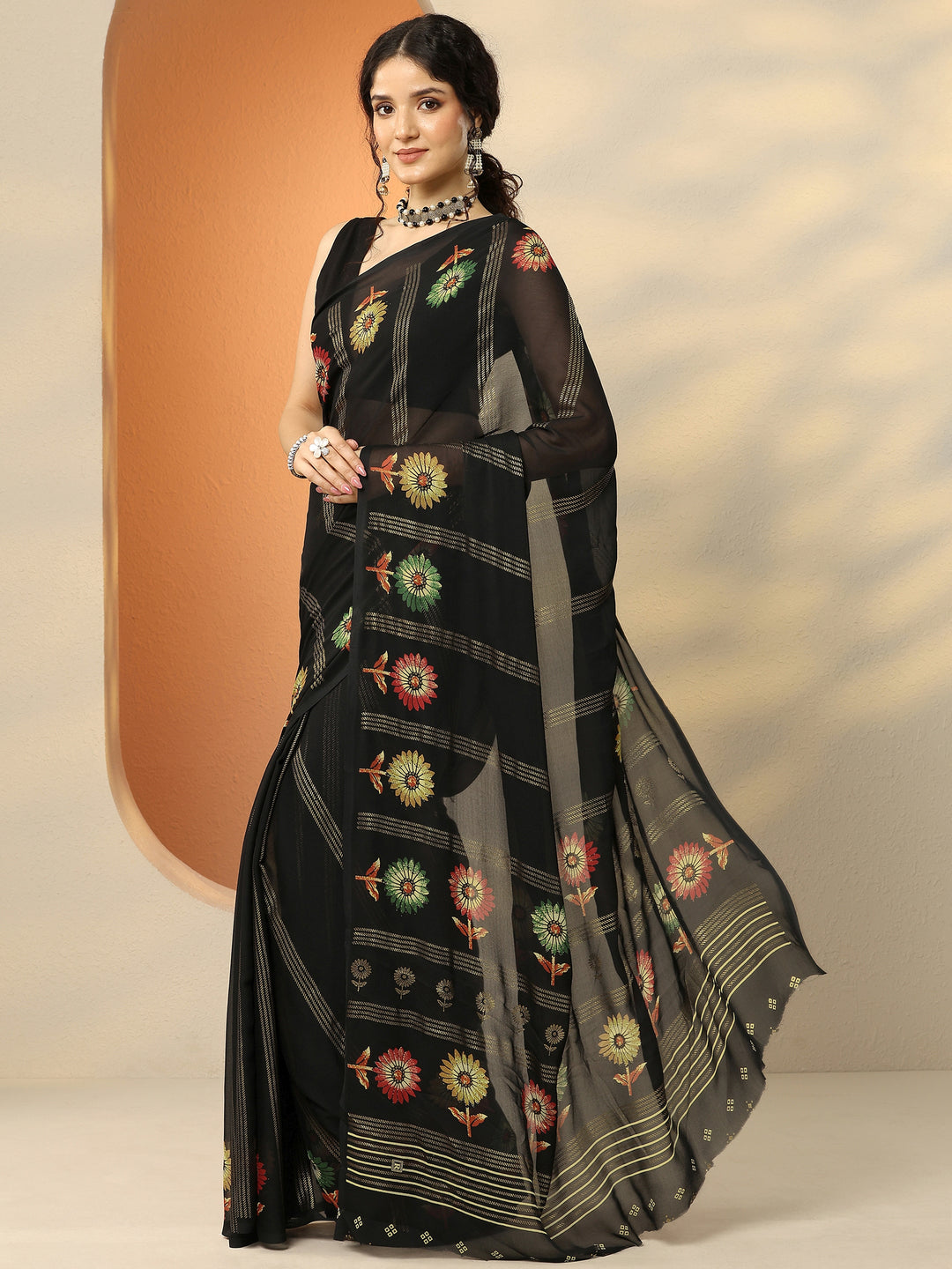  Black Printed Georgette Saree With Unstitched Blouse Piece 