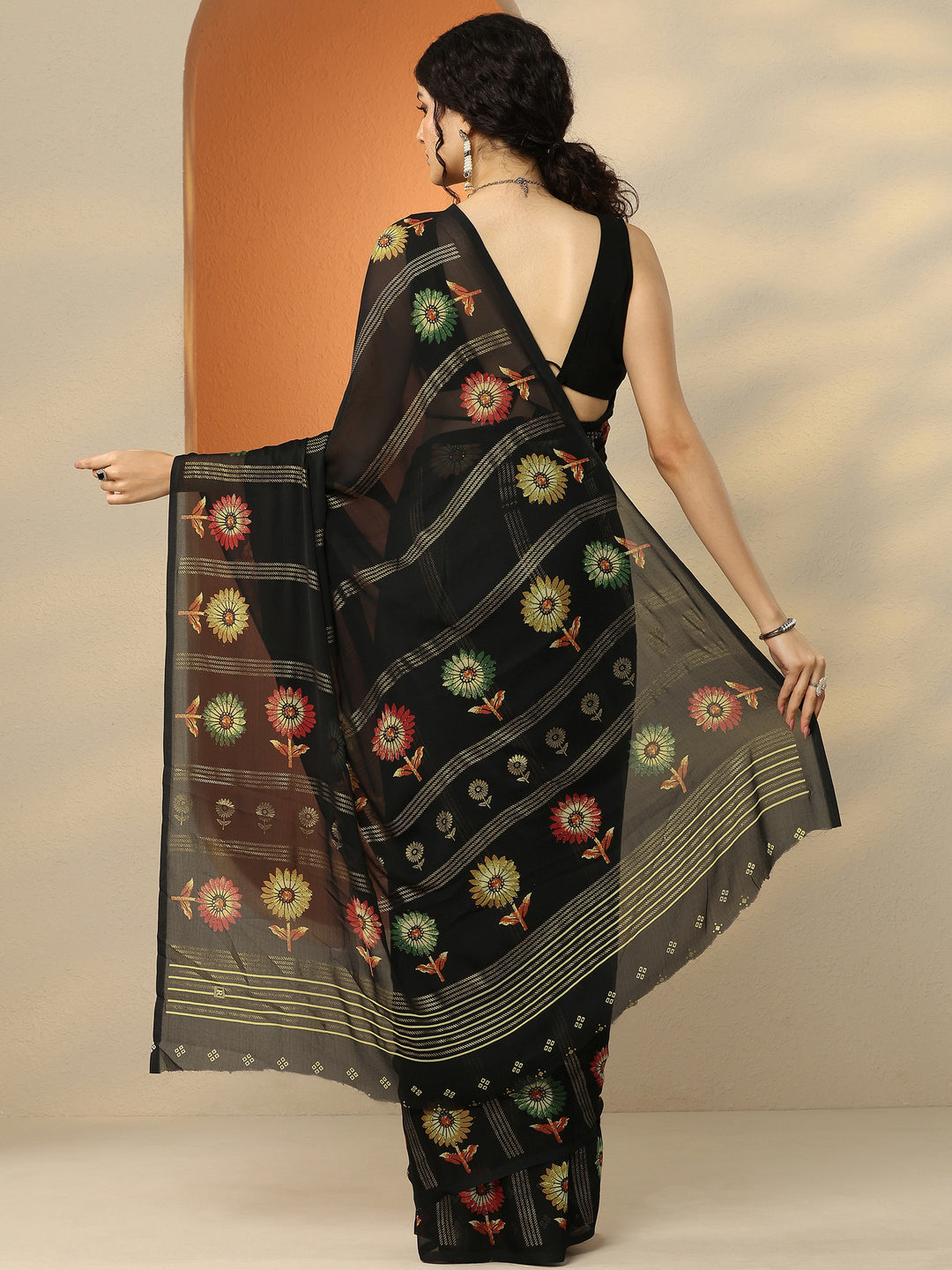  Black Printed Georgette Saree With Unstitched Blouse Piece 