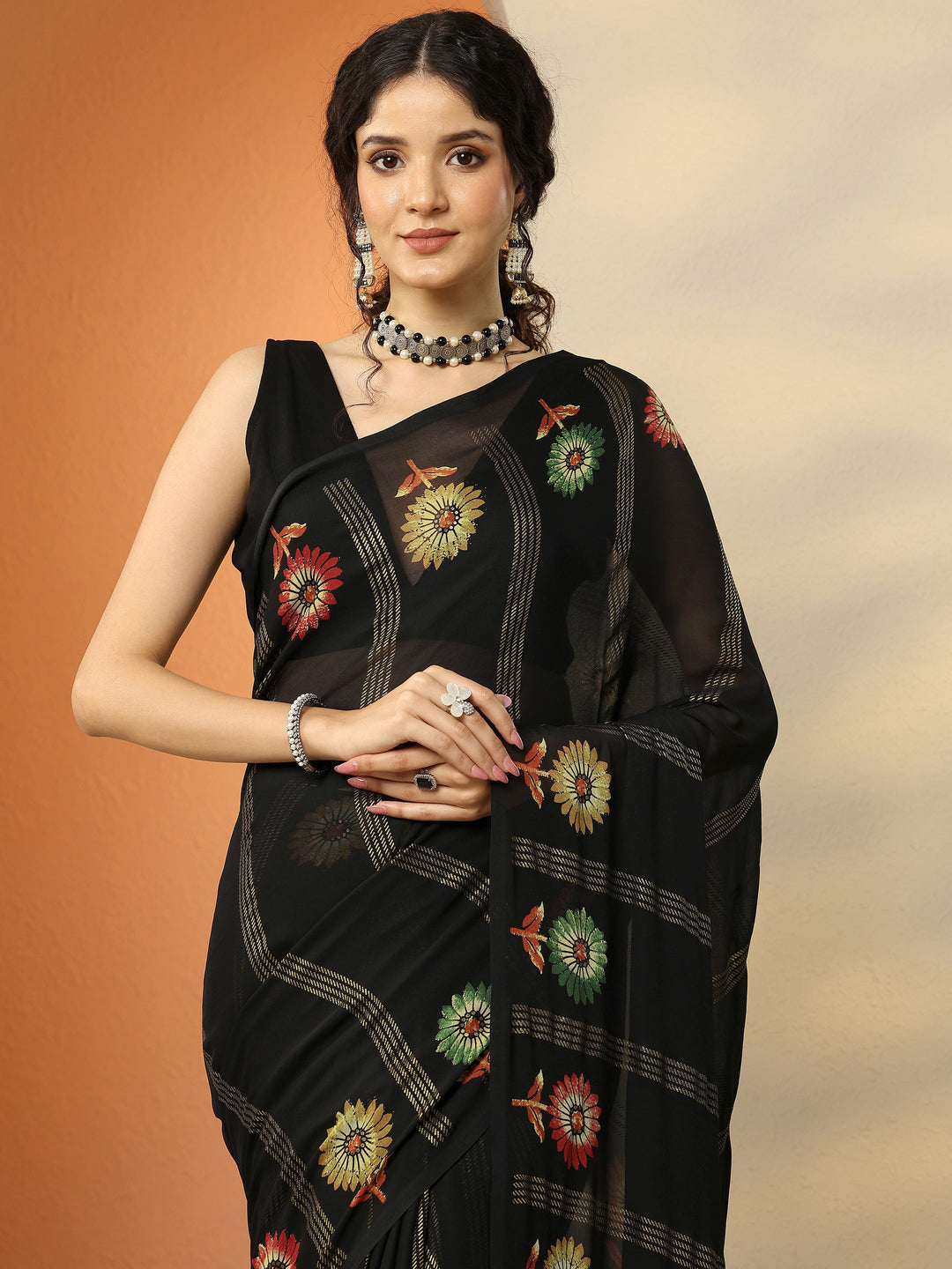  Black Printed Georgette Saree With Unstitched Blouse Piece 