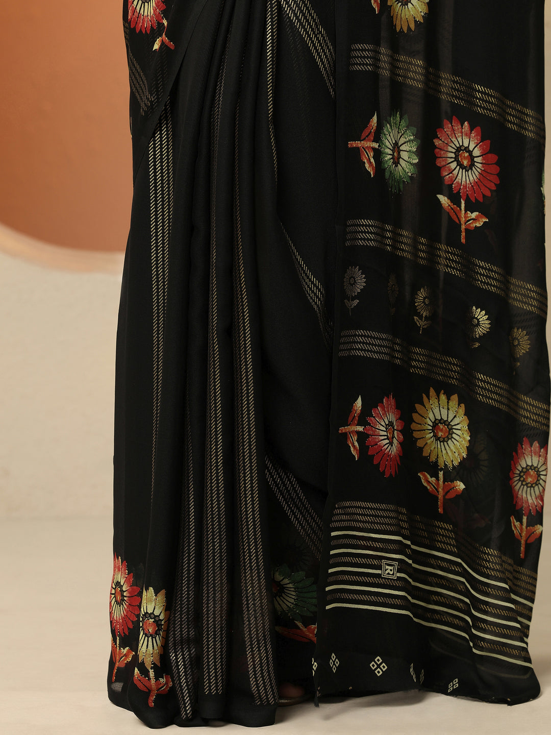  Black Printed Georgette Saree With Unstitched Blouse Piece 