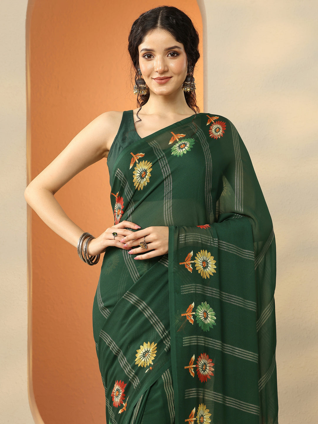  Green Printed Georgette Saree With Unstitched Blouse Piece 