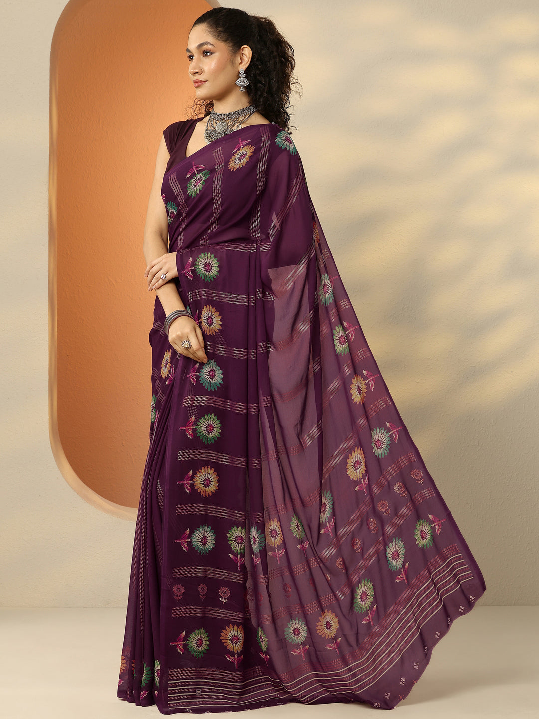  Burgundy Printed Georgette Saree With Unstitched Blouse Piece 