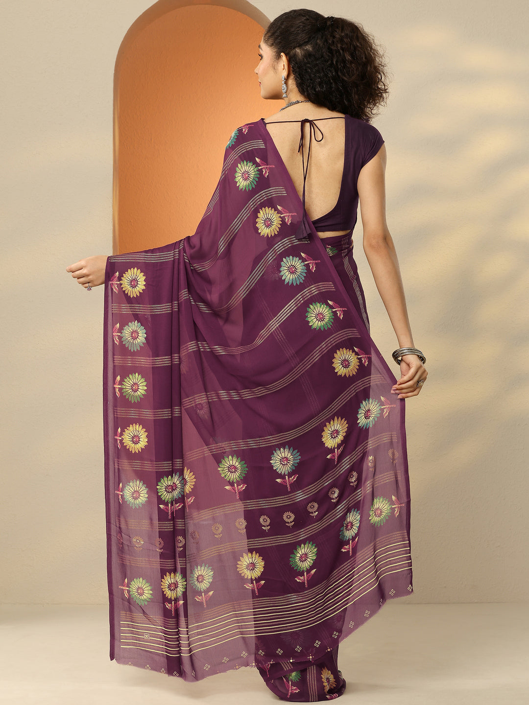  Burgundy Printed Georgette Saree With Unstitched Blouse Piece 