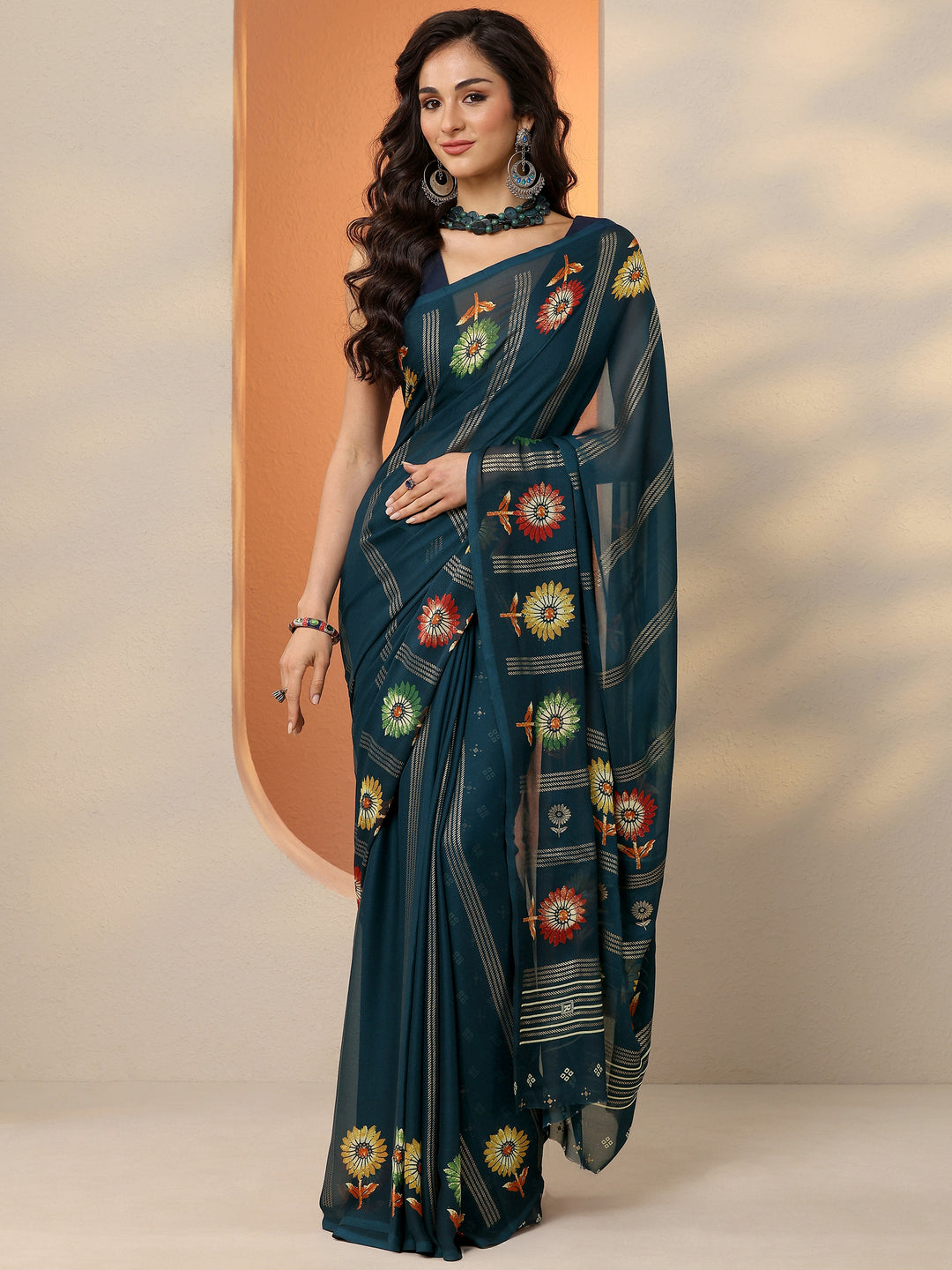  Teal Printed Georgette Saree With Unstitched Blouse Piece 