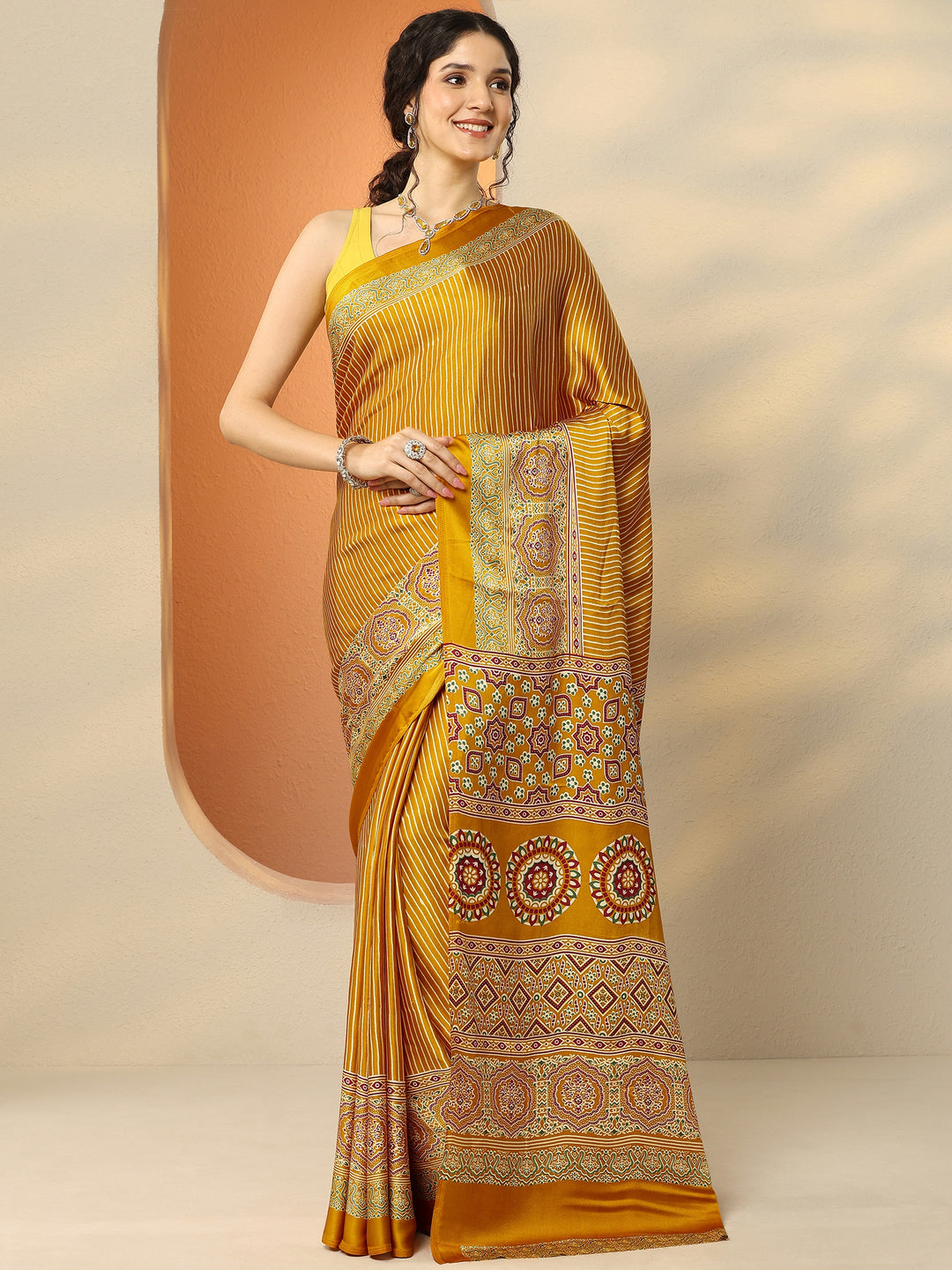  Mustard Printed Satin Saree With Unstitched Blouse Piece 