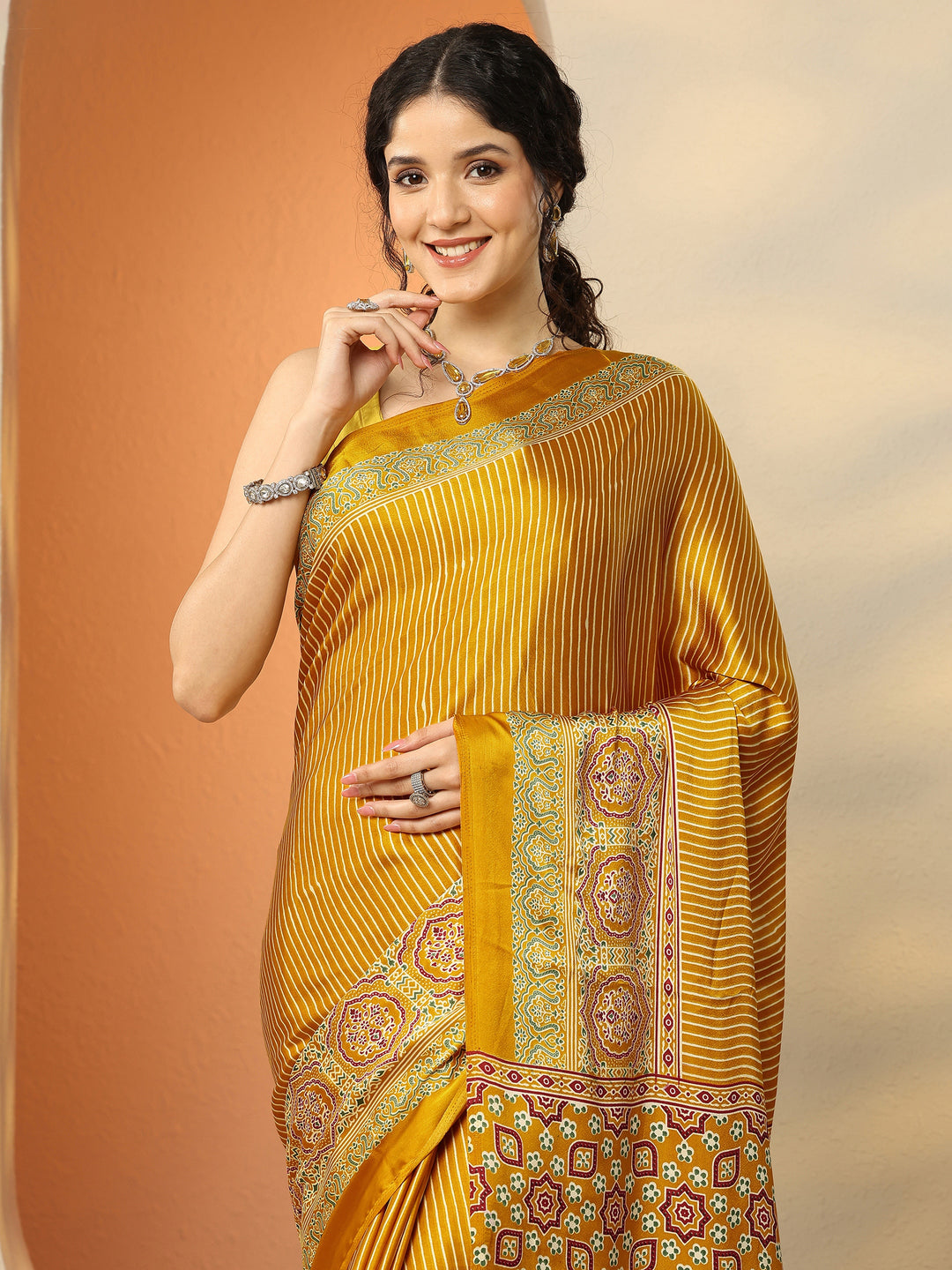  Mustard Printed Satin Saree With Unstitched Blouse Piece 