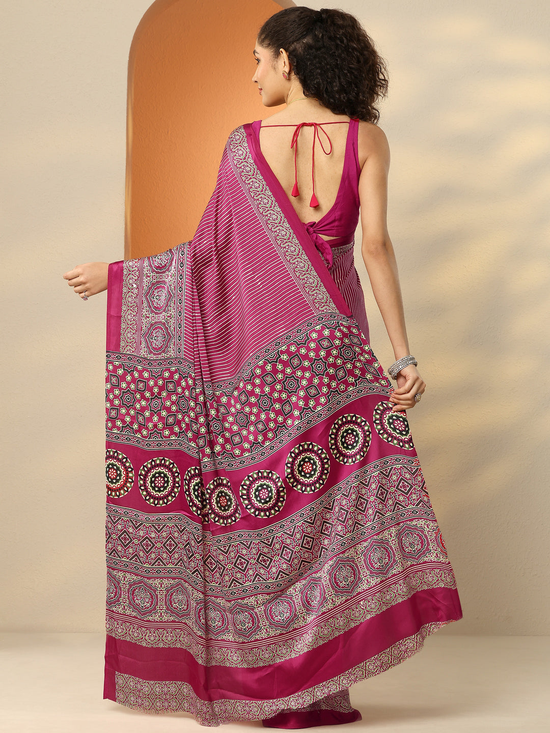  Pink Printed Satin Saree With Unstitched Blouse Piece 