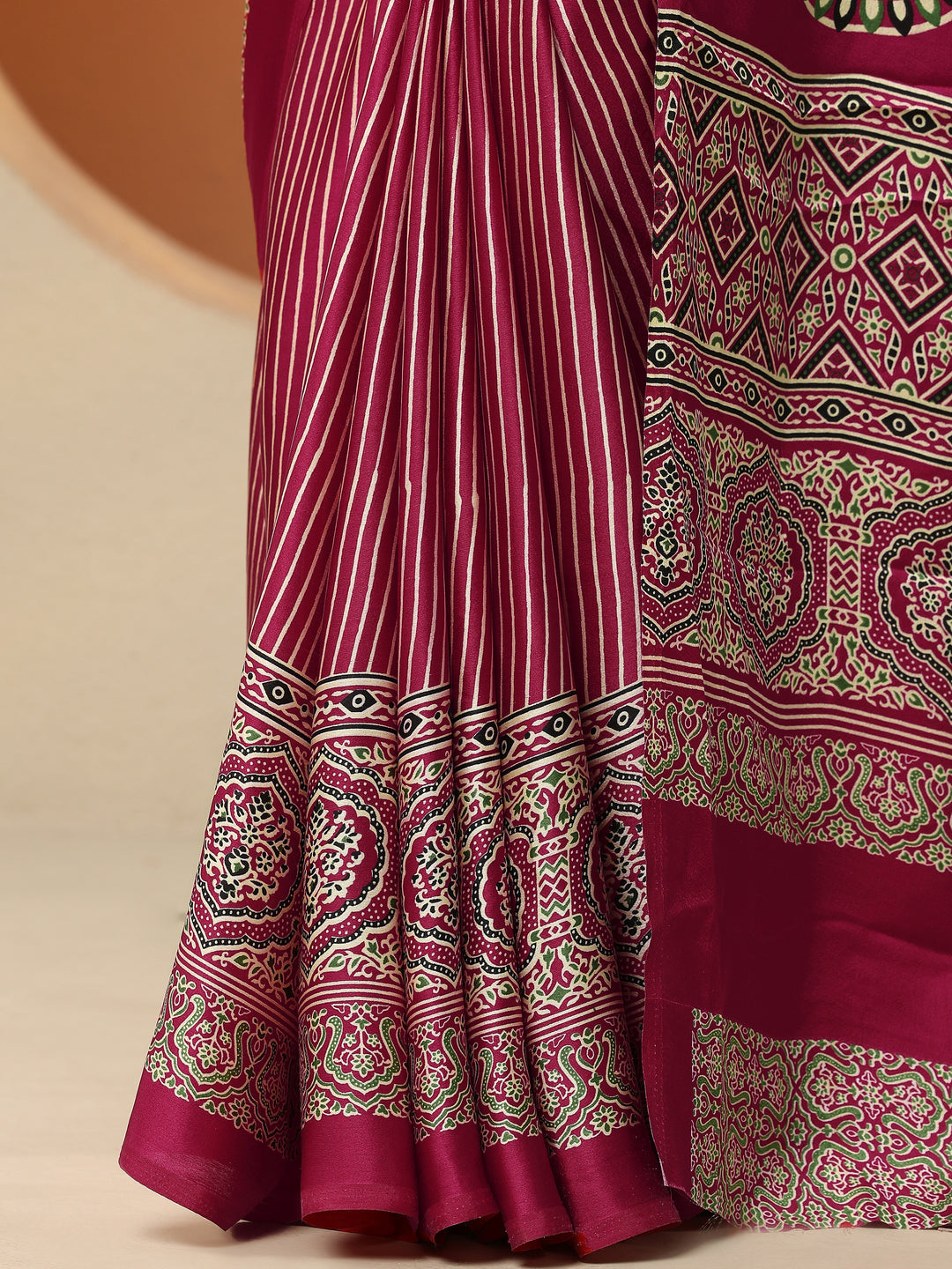  Pink Printed Satin Saree With Unstitched Blouse Piece 