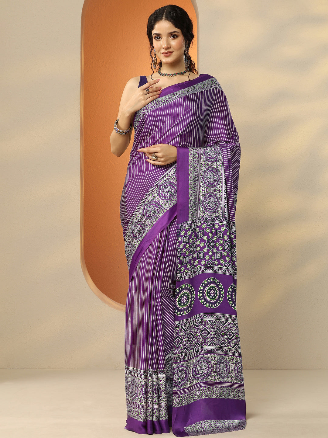  Purple Printed Satin Saree With Unstitched Blouse Piece 