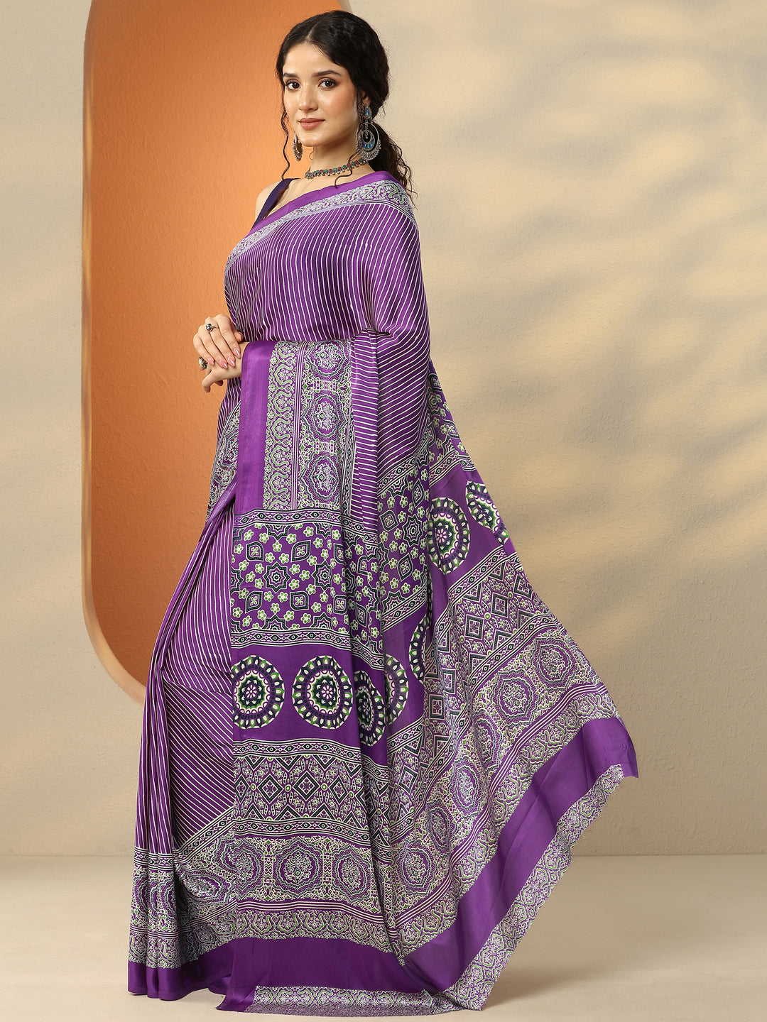  Purple Printed Satin Saree With Unstitched Blouse Piece 