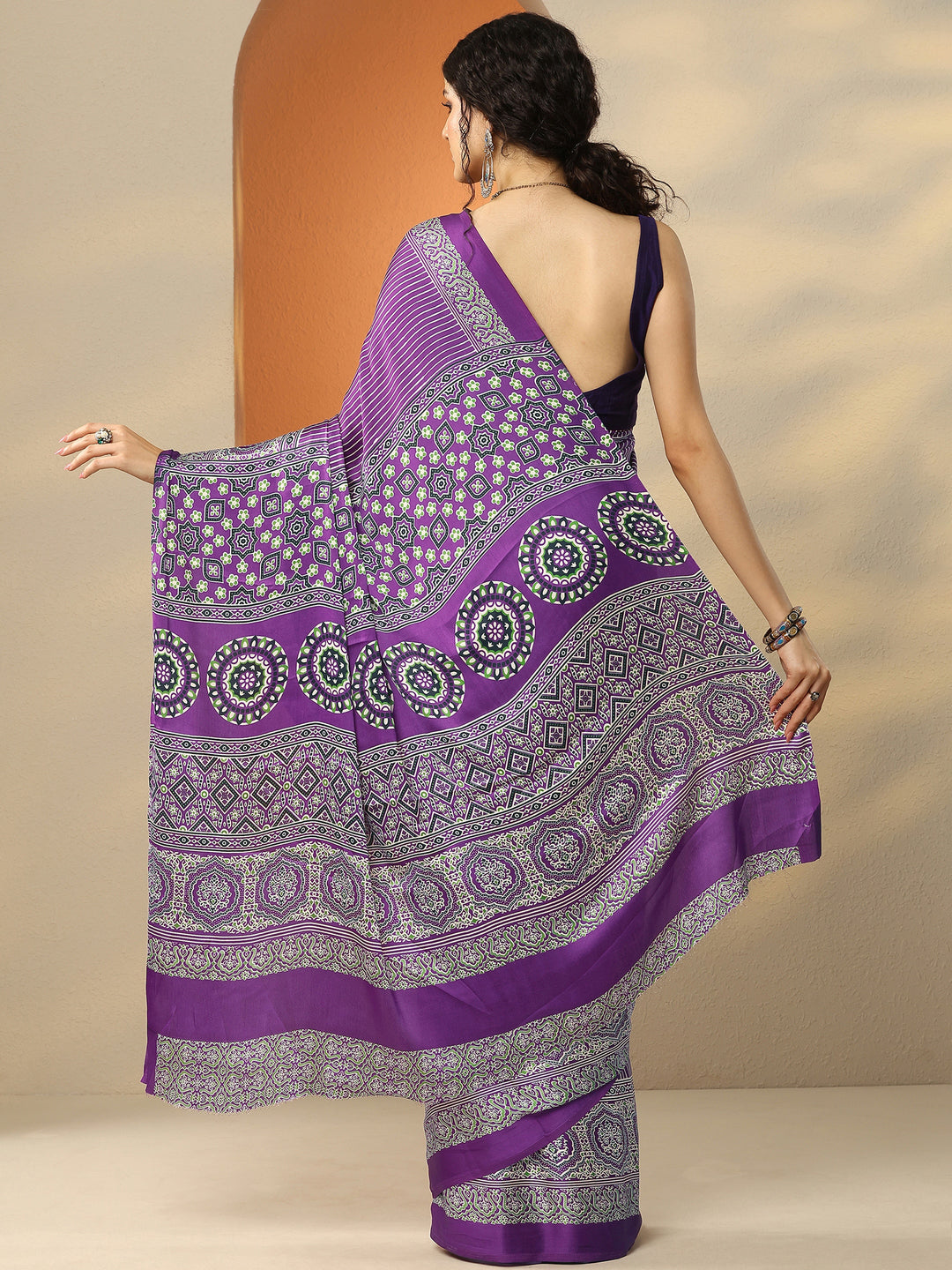  Purple Printed Satin Saree With Unstitched Blouse Piece 