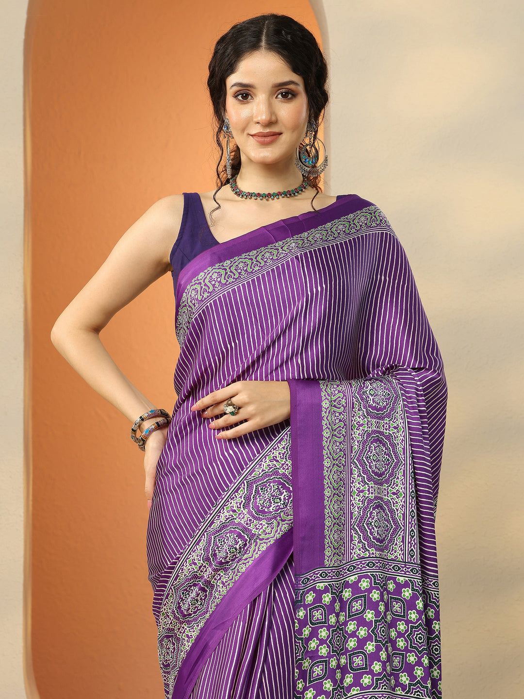  Purple Printed Satin Saree With Unstitched Blouse Piece 