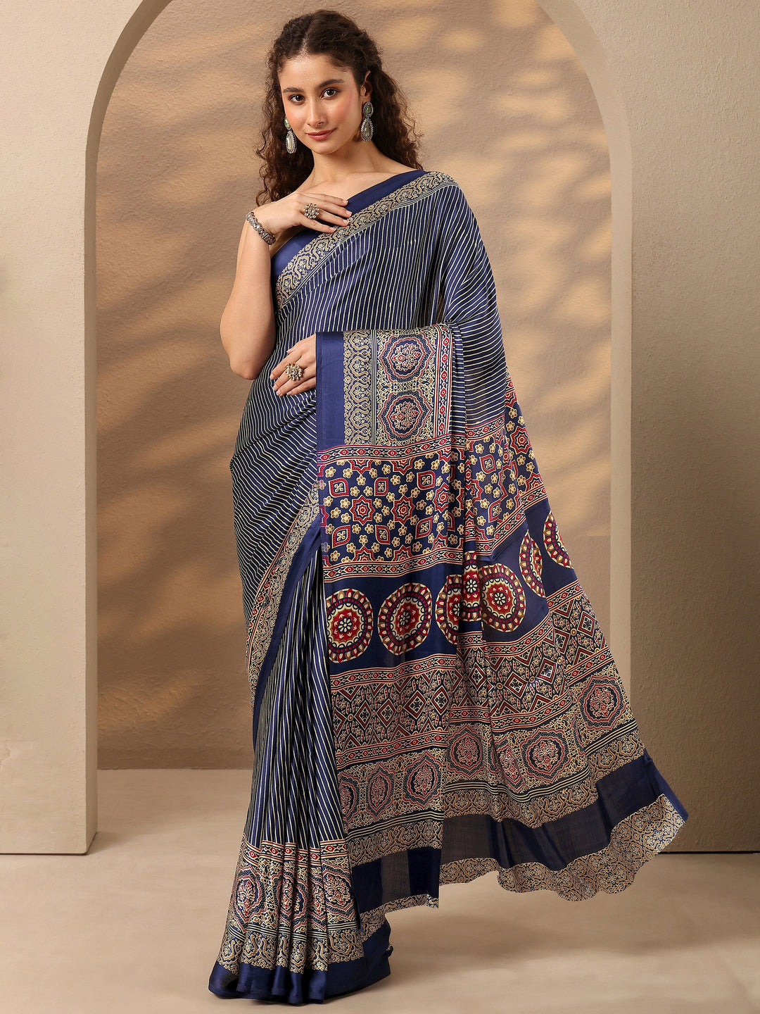  Blue Striped Printed Satin Saree With Unstitched Blouse Piece 