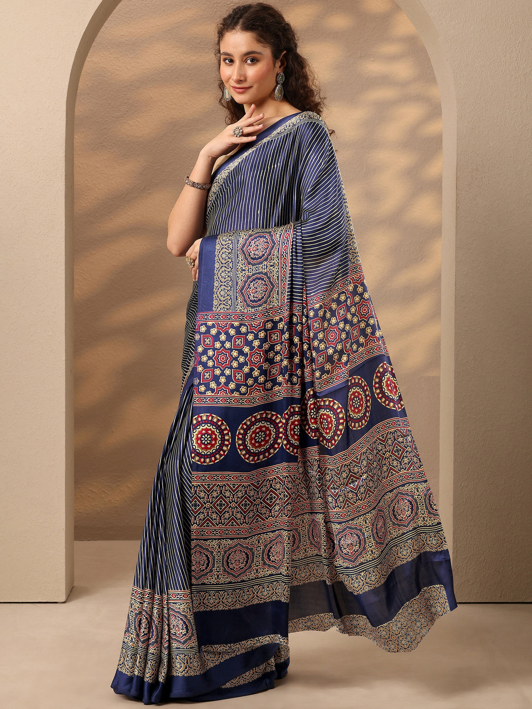  Blue Striped Printed Satin Saree With Unstitched Blouse Piece 