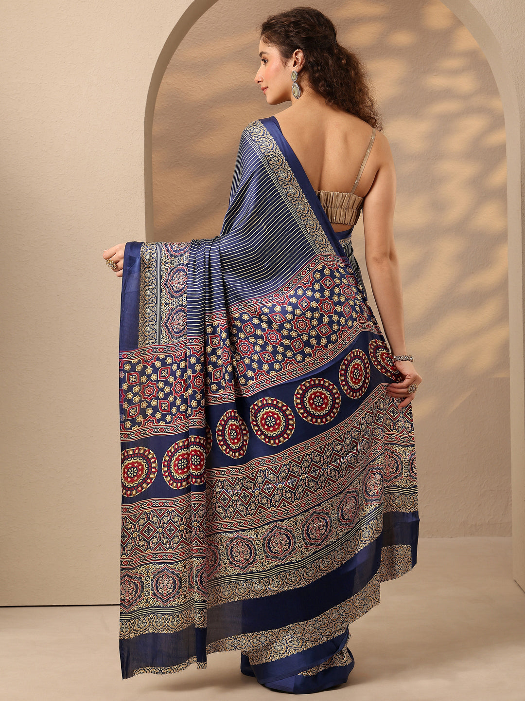  Blue Striped Printed Satin Saree With Unstitched Blouse Piece 