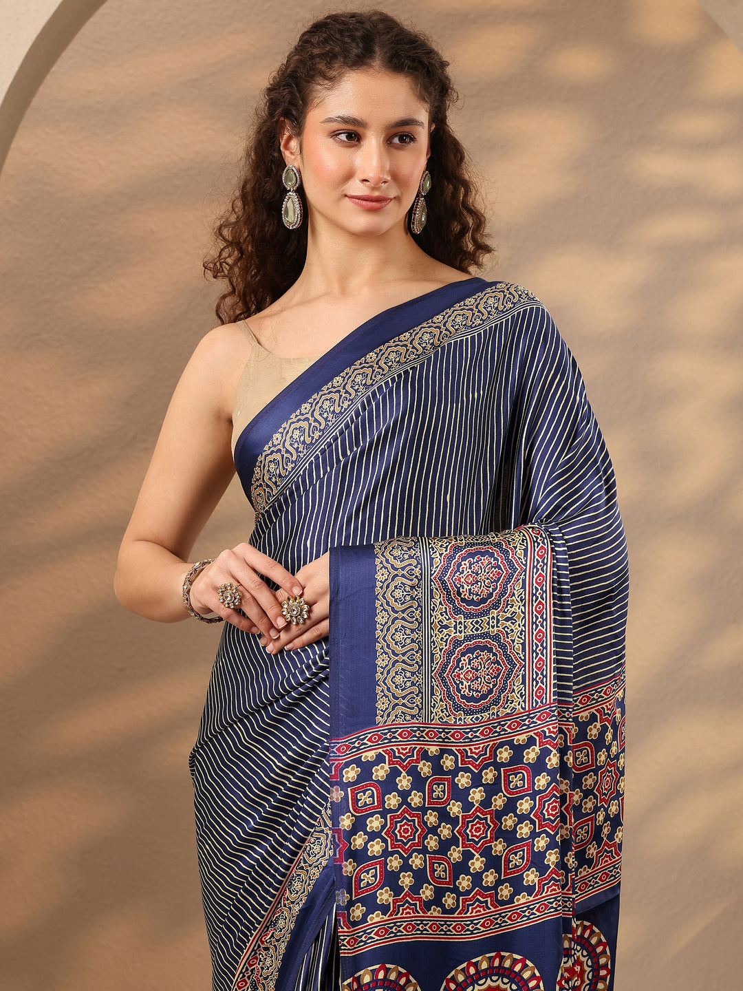  Blue Striped Printed Satin Saree With Unstitched Blouse Piece 