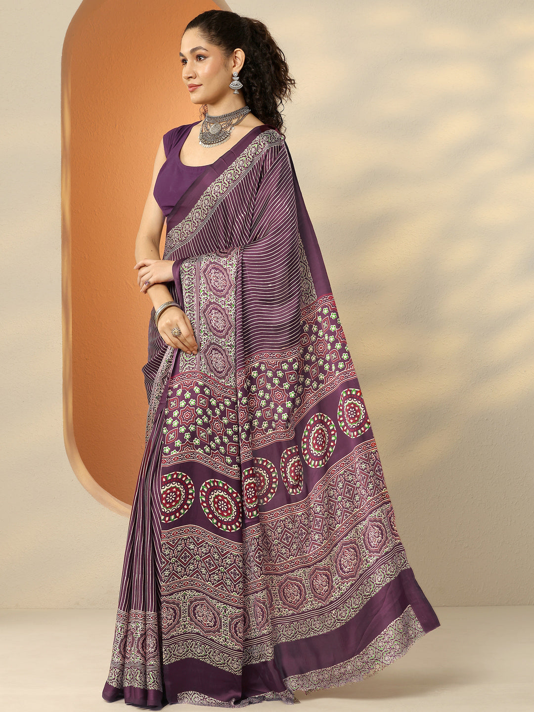  Burgundy Printed Satin Saree With Unstitched Blouse Piece 