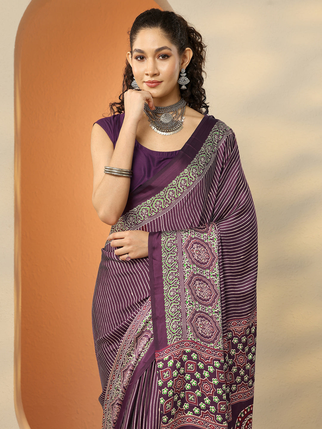 Burgundy Printed Satin Saree With Unstitched Blouse Piece 