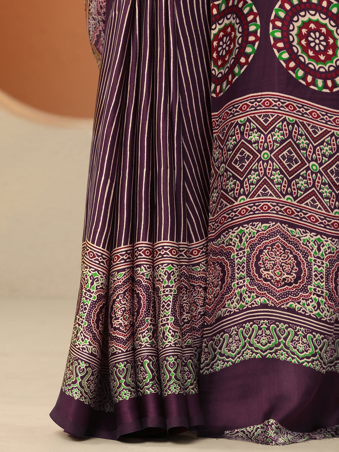  Burgundy Printed Satin Saree With Unstitched Blouse Piece 