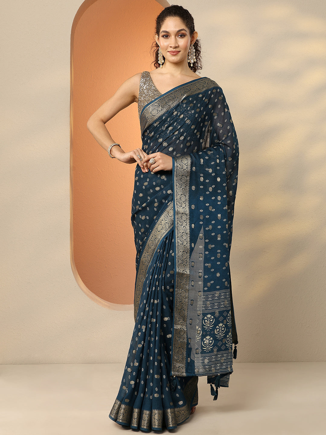  Blue Woven Design Georgette Saree With Unstitched Blouse Piece 