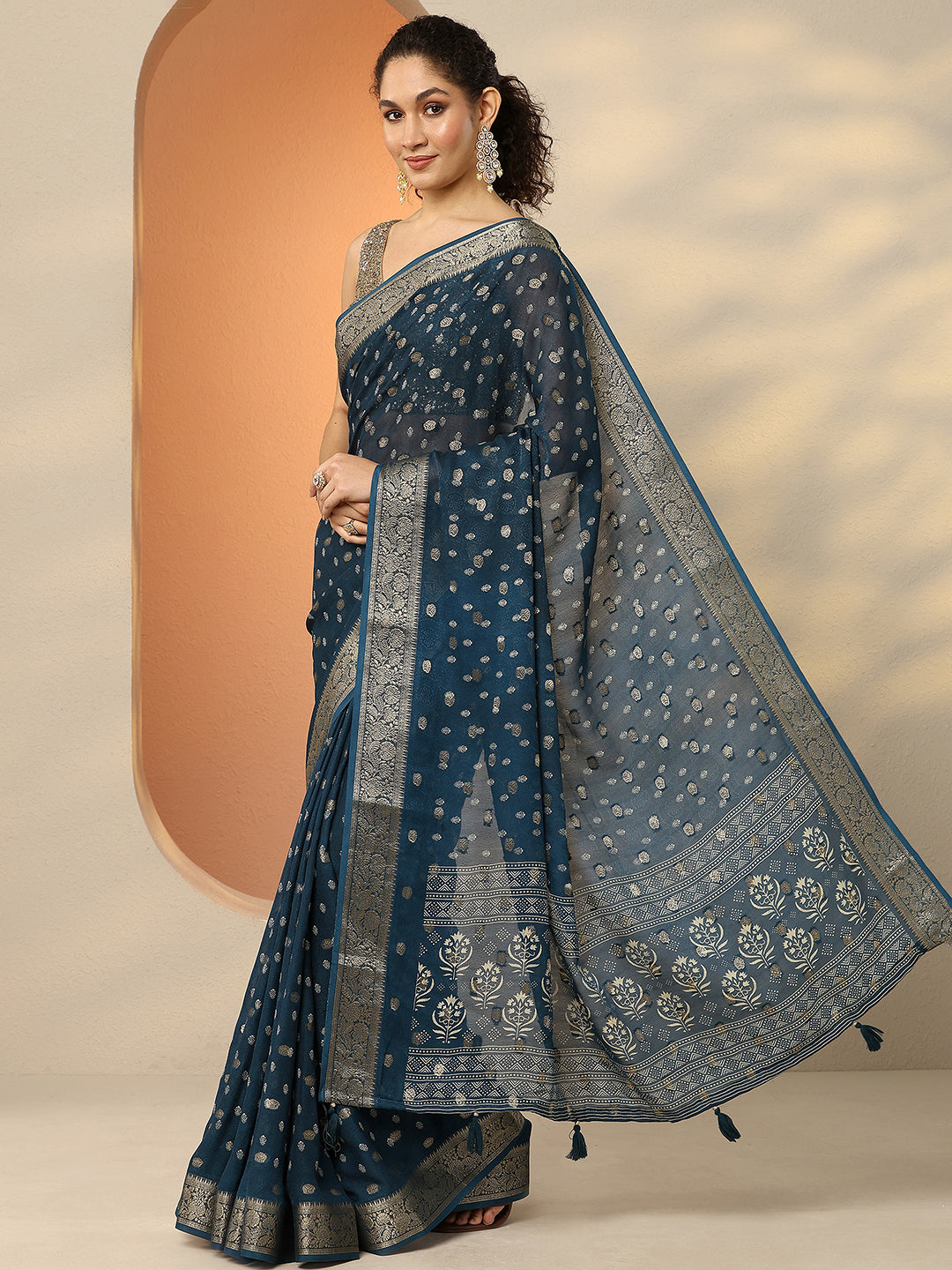  Blue Woven Design Georgette Saree With Unstitched Blouse Piece 