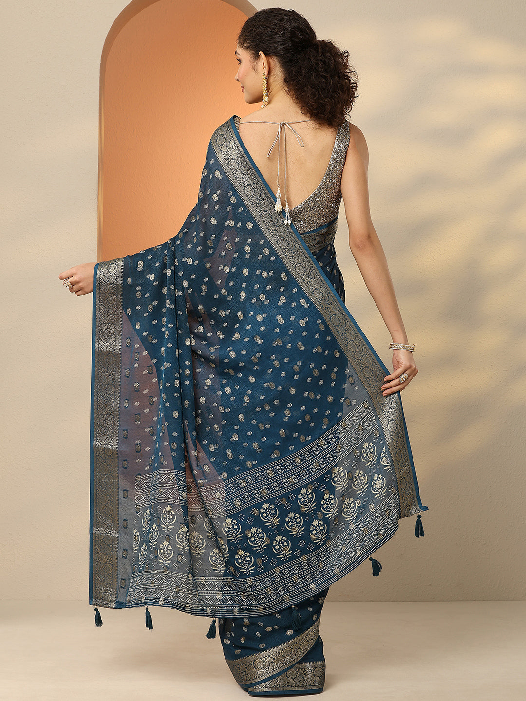  Blue Woven Design Georgette Saree With Unstitched Blouse Piece 