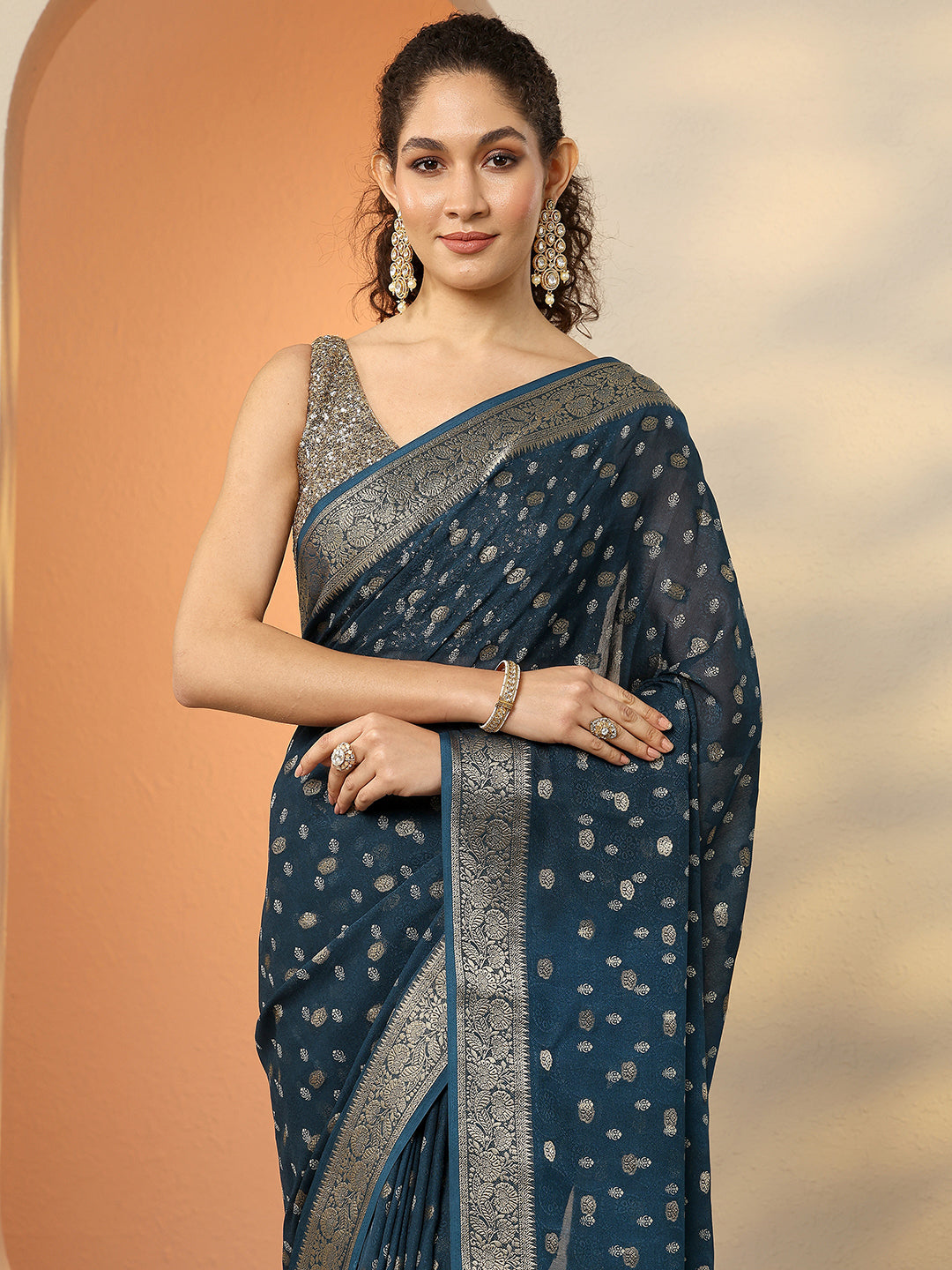  Blue Woven Design Georgette Saree With Unstitched Blouse Piece 