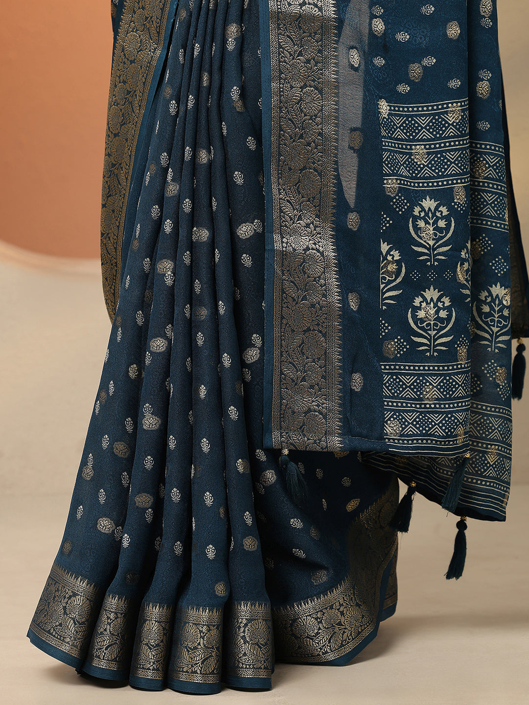  Blue Woven Design Georgette Saree With Unstitched Blouse Piece 