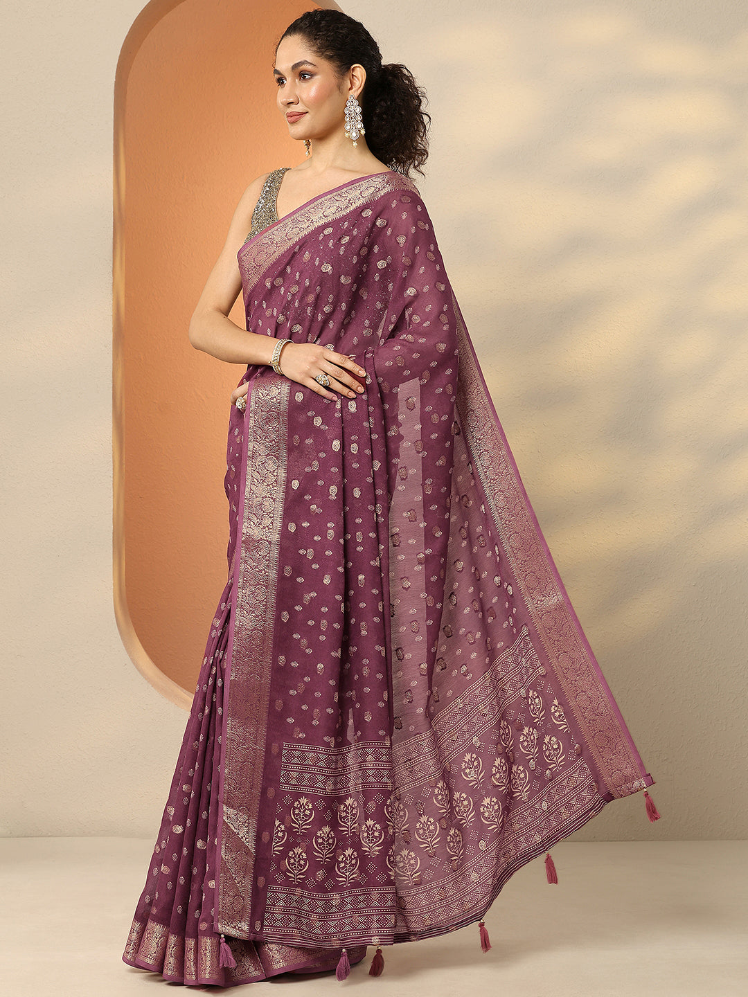  Brown Woven Design Georgette Saree With Unstitched Blouse Piece 