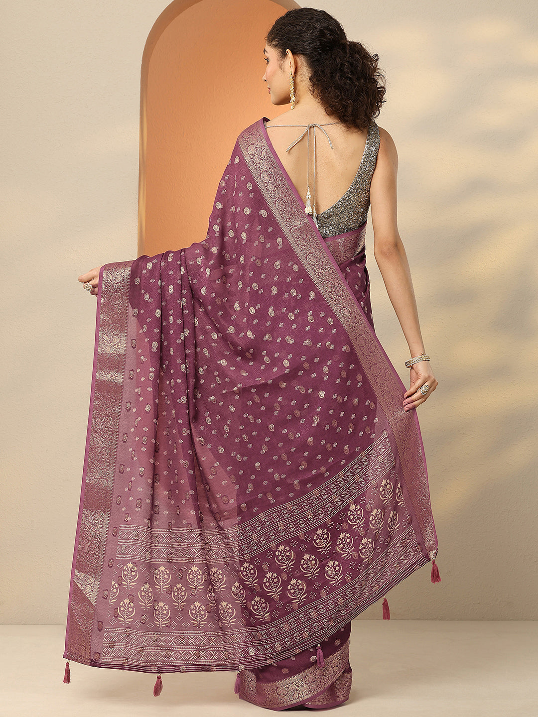  Brown Woven Design Georgette Saree With Unstitched Blouse Piece 