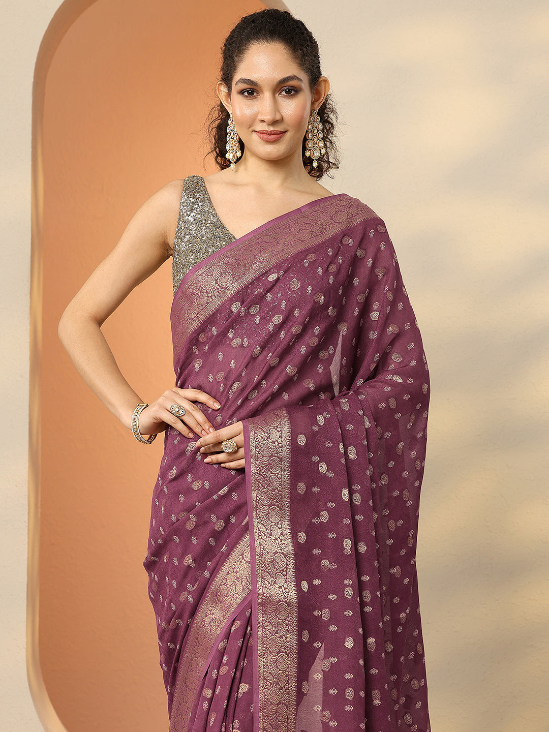  Brown Woven Design Georgette Saree With Unstitched Blouse Piece 