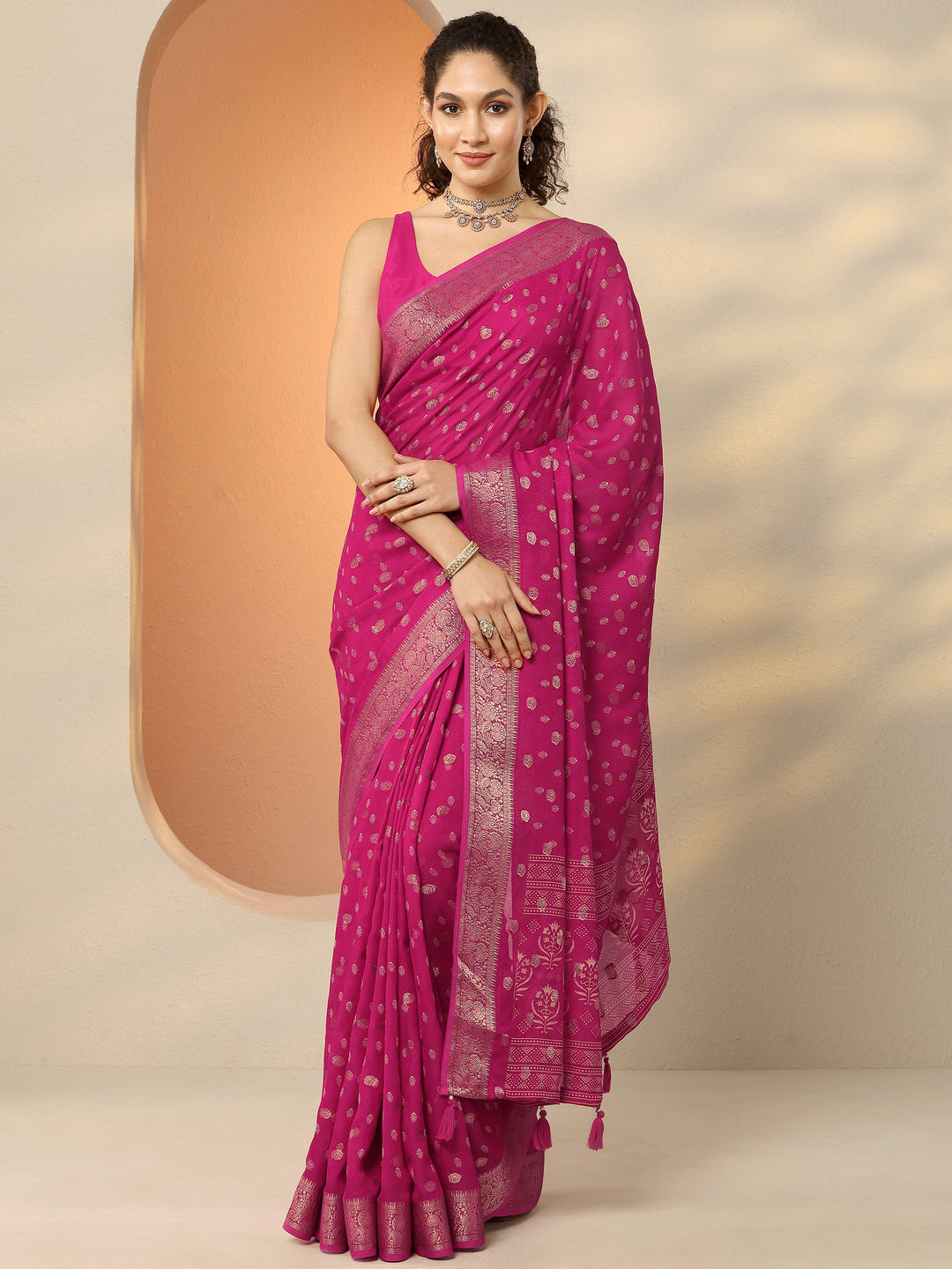  Pink Woven Design Georgette Saree With Unstitched Blouse Piece 