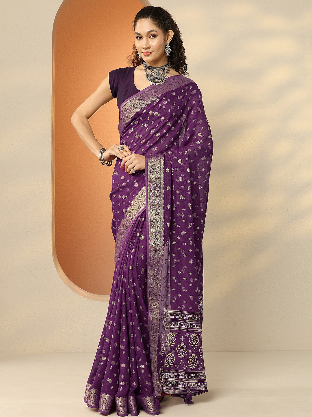  Burgundy Woven Design Georgette Saree With Unstitched Blouse Piece 