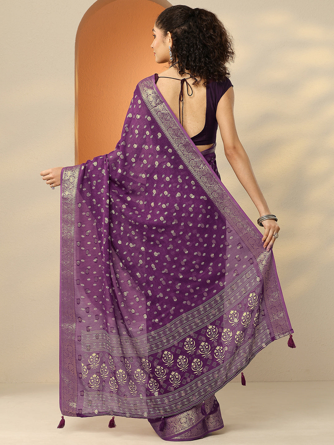  Burgundy Woven Design Georgette Saree With Unstitched Blouse Piece 