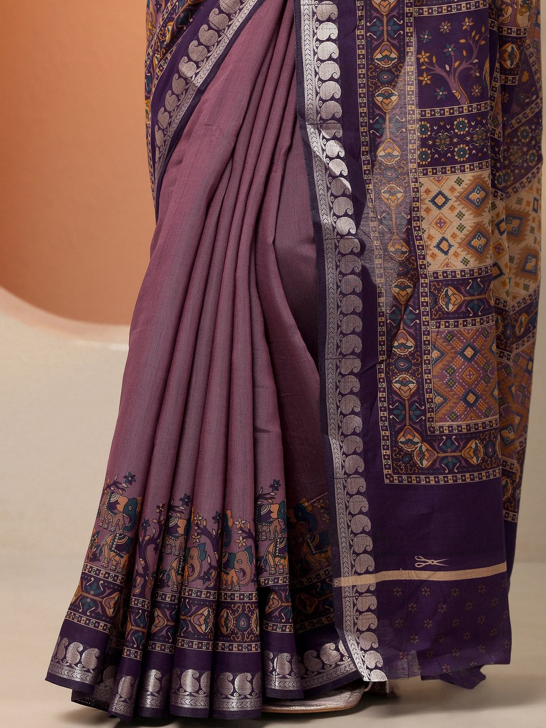  Mauve Printed Silk Blend Saree With Unstitched Blouse Piece 