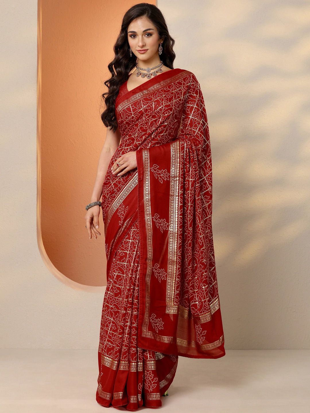  Red Bandhani Printed Silk Blend Saree With Unstitched Blouse Piece 