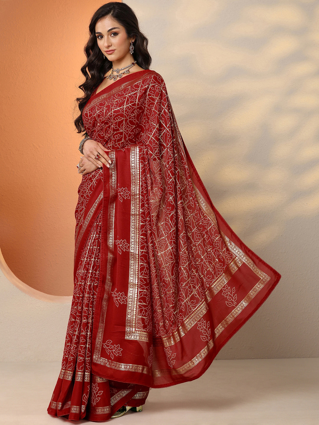  Red Bandhani Printed Silk Blend Saree With Unstitched Blouse Piece 