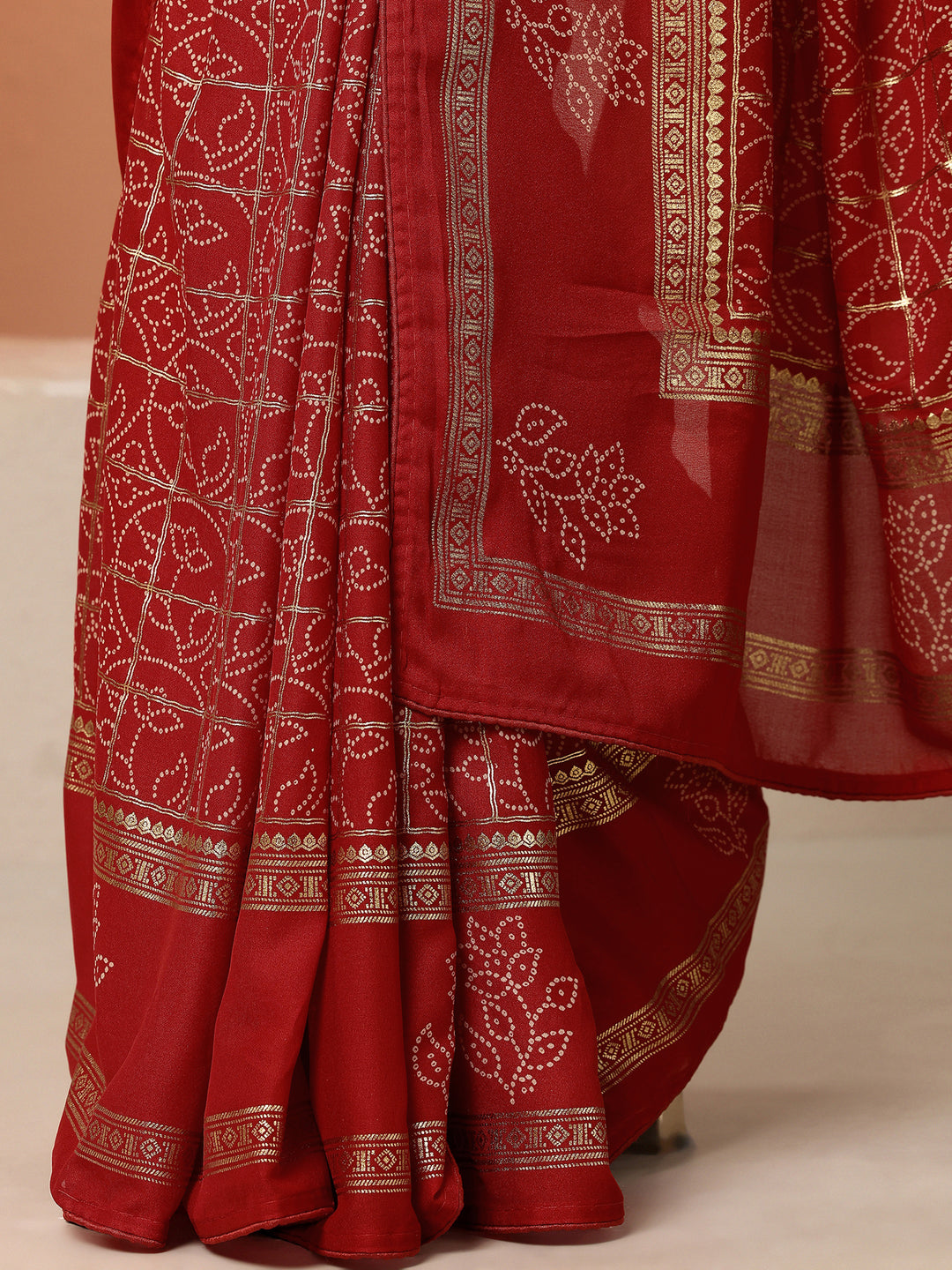  Red Bandhani Printed Silk Blend Saree With Unstitched Blouse Piece 