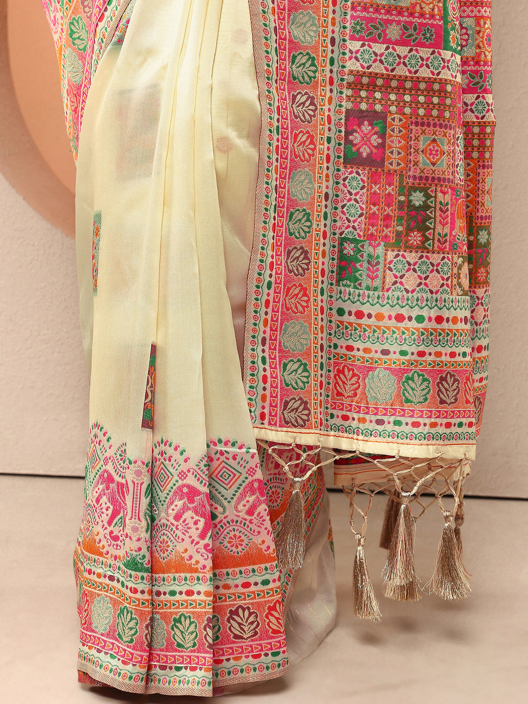  Beige Woven Design Silk Blend Saree With Unstitched Blouse Piece 