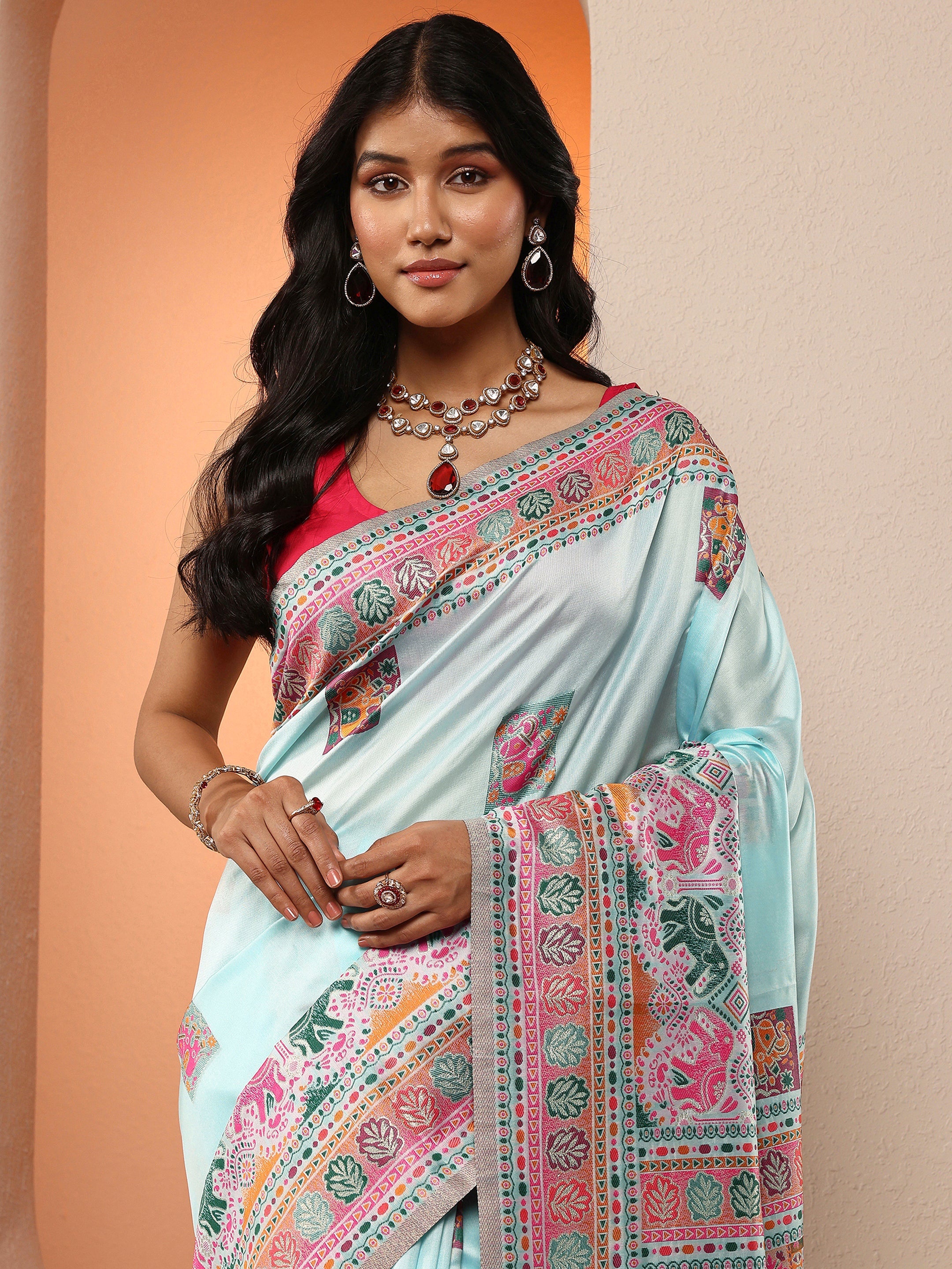 Blue Woven Design Silk Blend Saree With Unstitched Blouse Piece-image-41