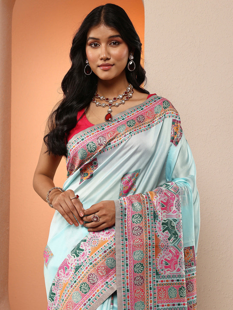 Libas Blue Woven Design Silk Blend Saree With Unstitched Blouse Piece