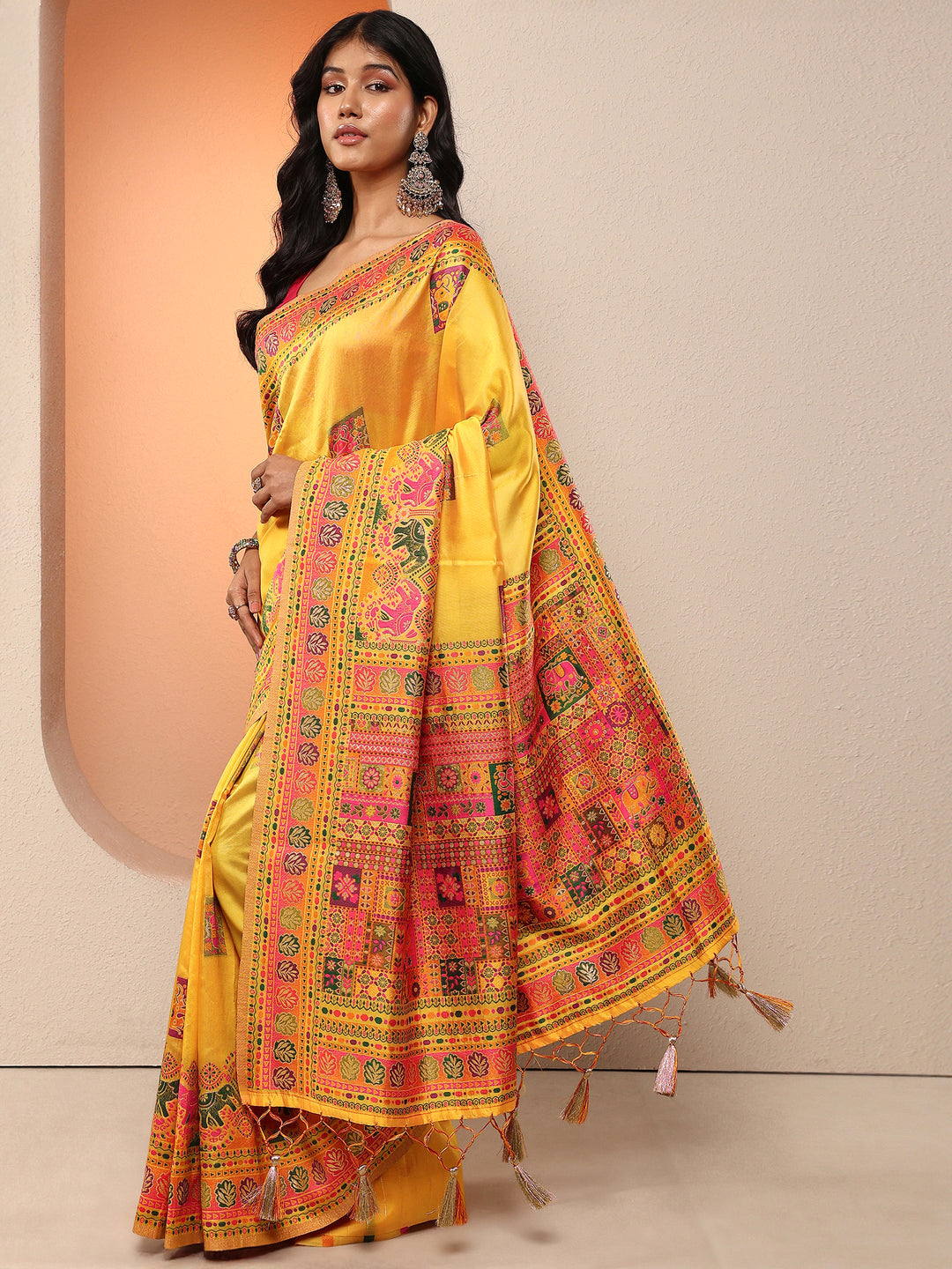  Yellow Woven Design Silk Blend Saree With Unstitched Blouse Piece 