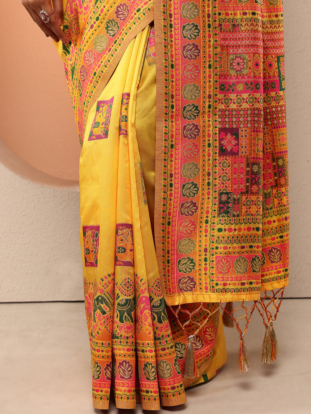  Yellow Woven Design Silk Blend Saree With Unstitched Blouse Piece 