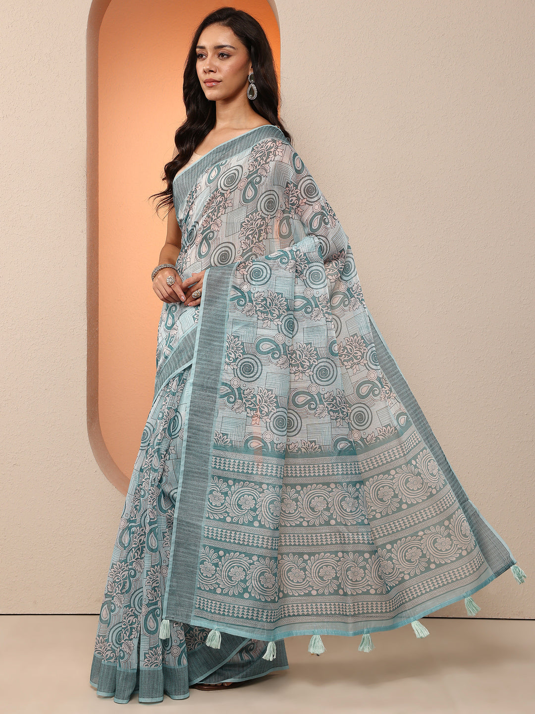  Blue Printed Linen Saree With Unstitched Blouse Piece 