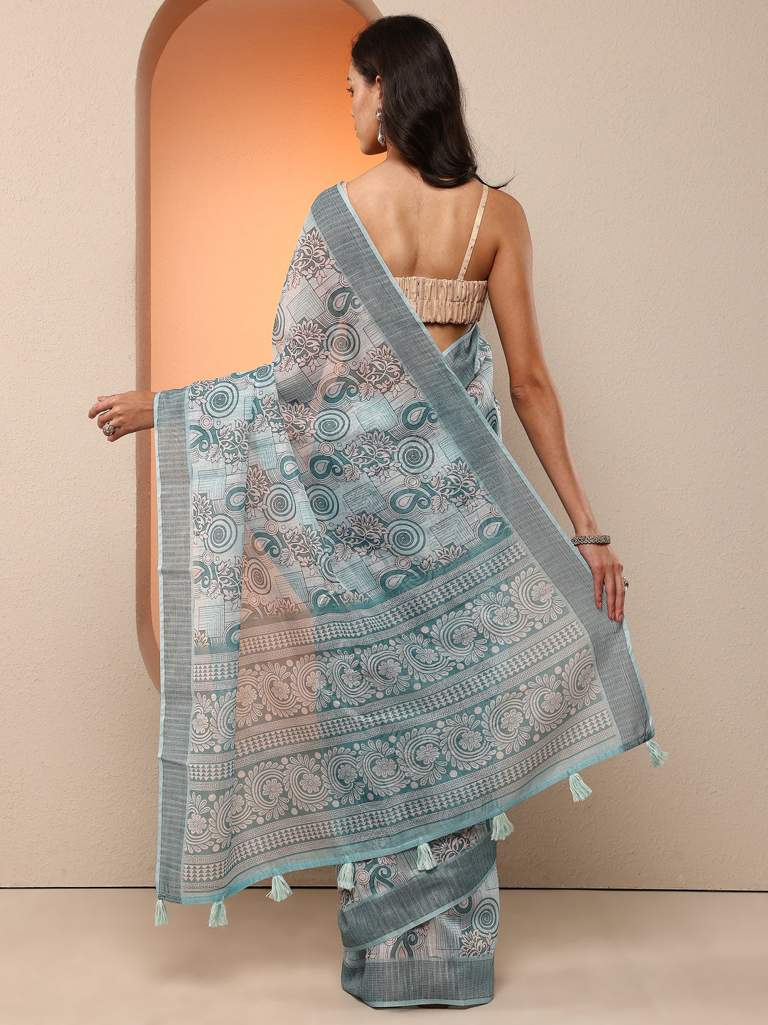  Blue Printed Linen Saree With Unstitched Blouse Piece 